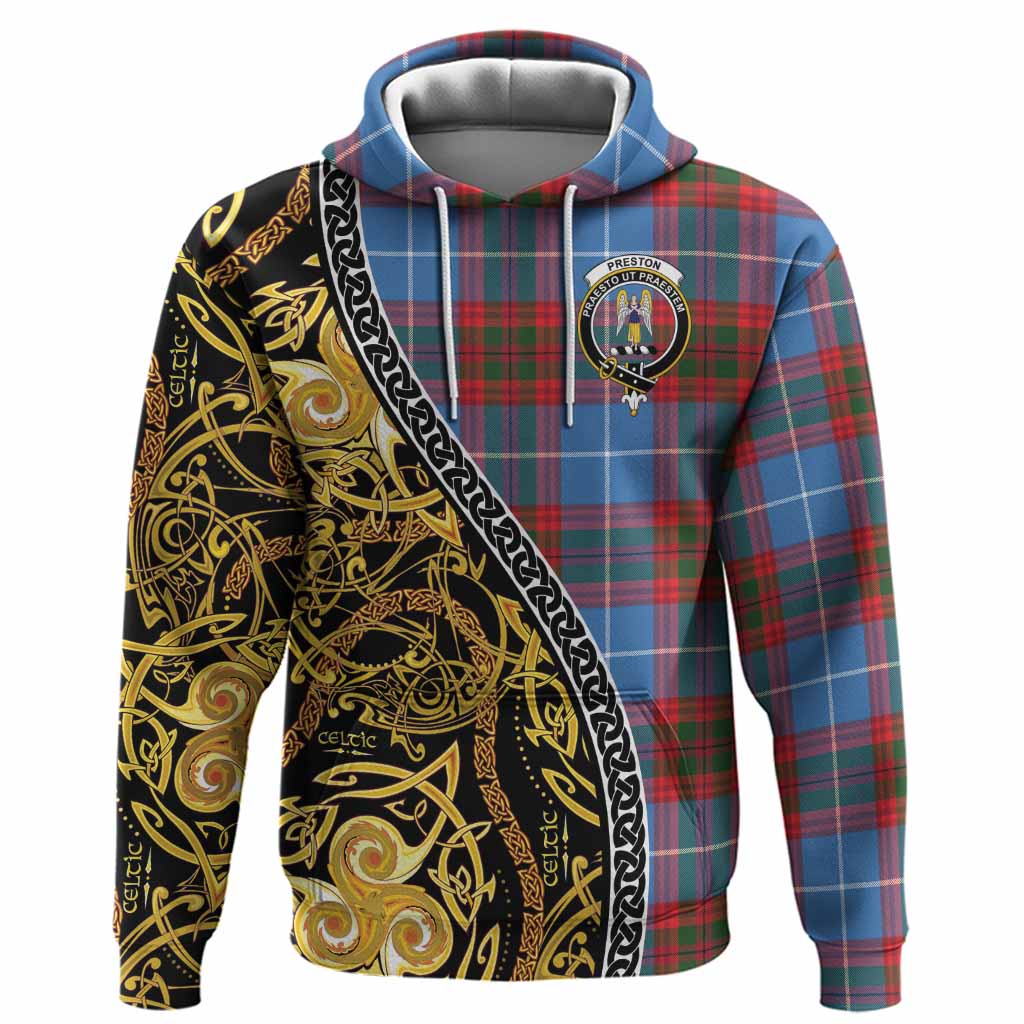 Preston Tartan Crest Hoodie Celtic Knot and Triple Trickle Spiral Symbols