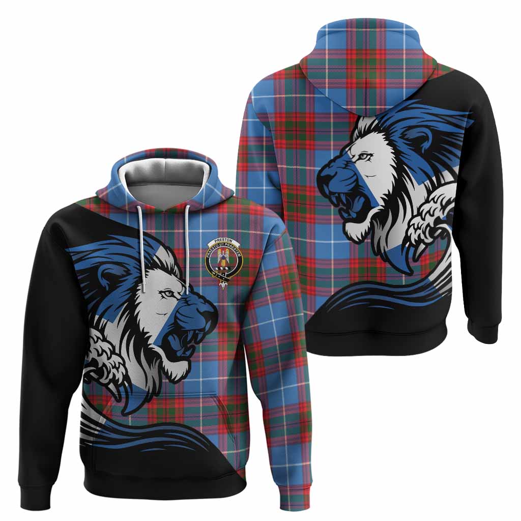 Preston Tartan Crest Hoodie Scottish Golden Lions Wave Flow