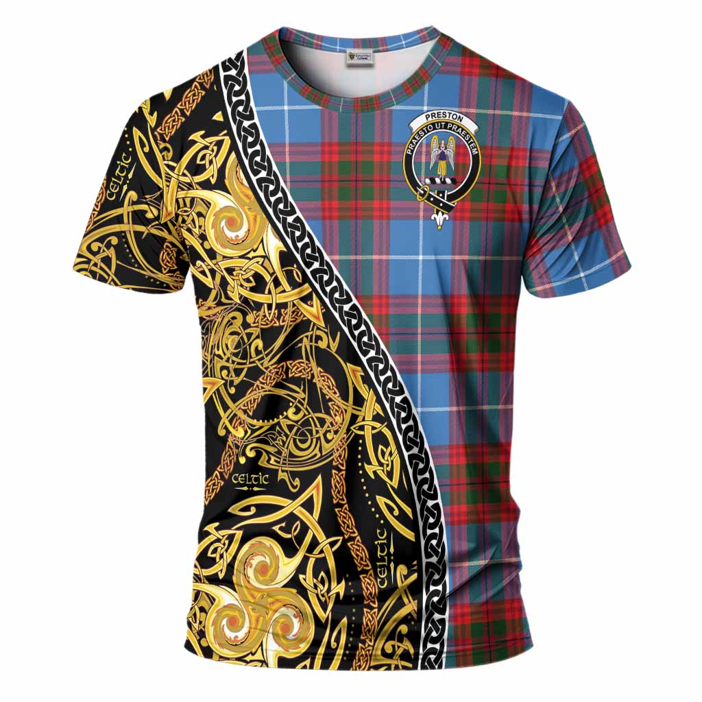 Preston Tartan Crest T-Shirt Celtic Knot and Triple Trickle Spiral Symbols