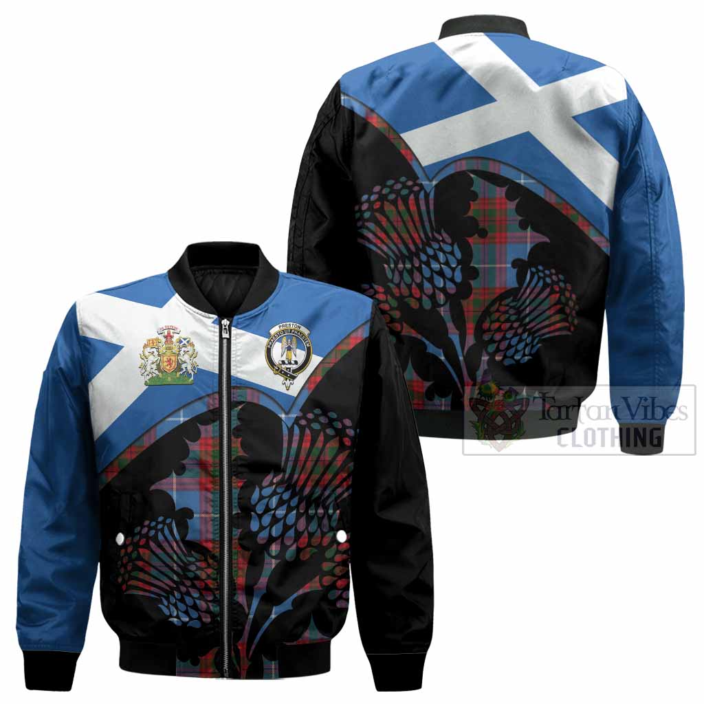 Preston Tartan Family Crest Bomber Jacket Scotland Thistle Floral Flag Style