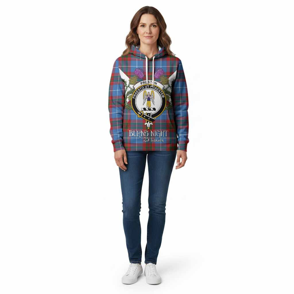 Preston Tartan Family Crest Cotton Hoodie Scottish Burns Night Thistle Floral