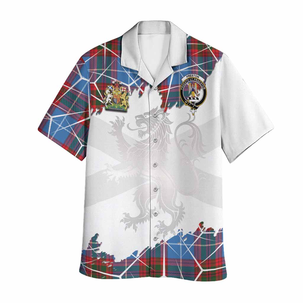 Preston Tartan Hawaiian Shirt with Family Crest and Lion Rampant Grunge Style