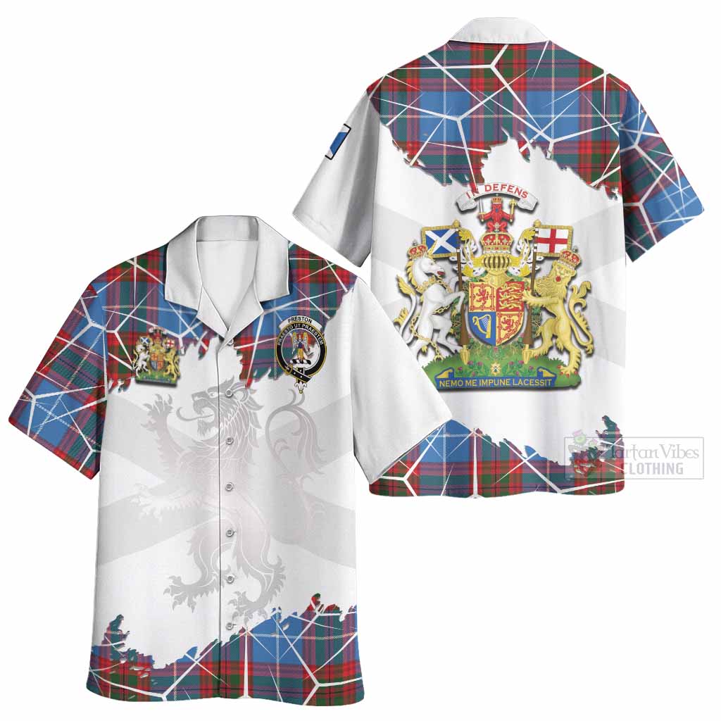 Preston Tartan Hawaiian Shirt with Family Crest and Lion Rampant Grunge Style