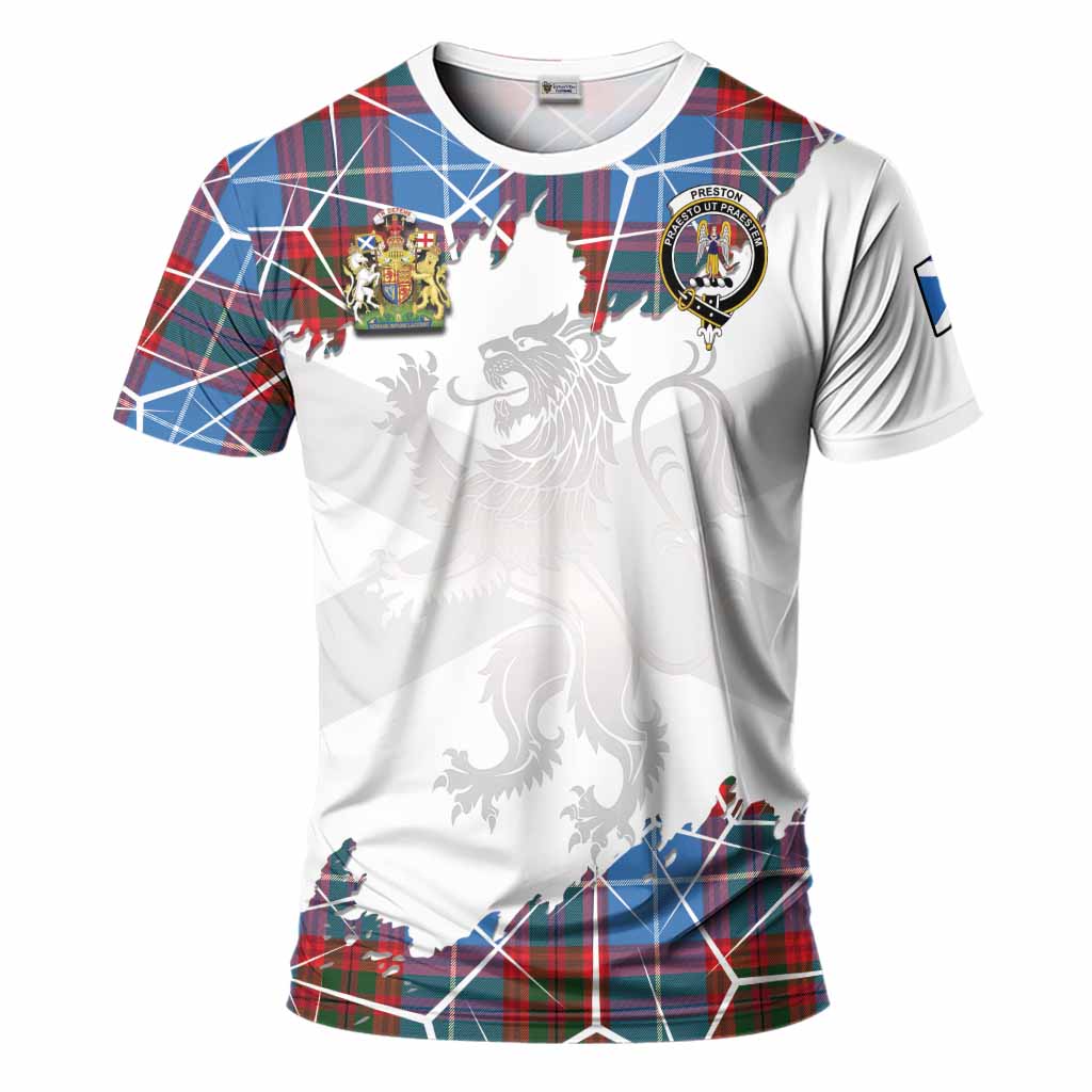 Preston Tartan T-Shirt with Family Crest and Lion Rampant Grunge Style