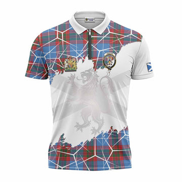 Preston Tartan Zipper Polo Shirt with Family Crest and Lion Rampant Grunge Style