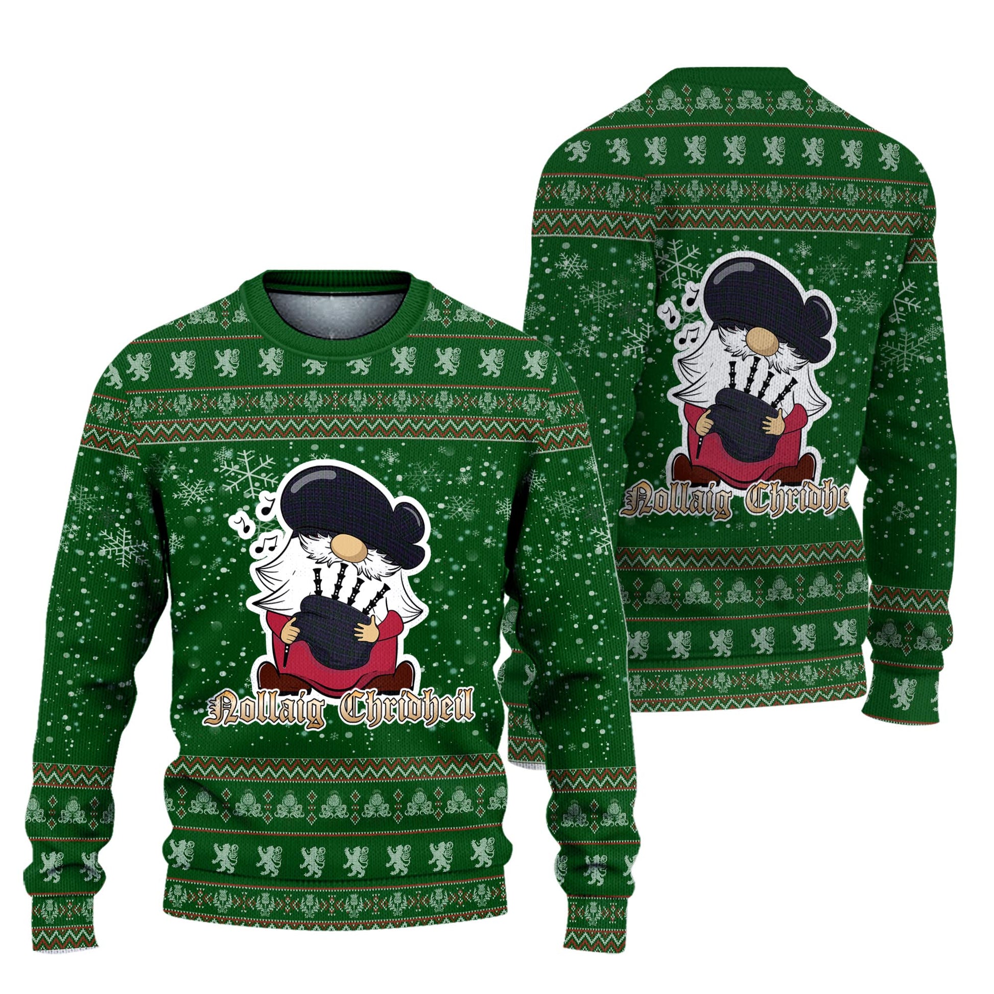 Pride (Wales) Clan Christmas Family Knitted Sweater with Funny Gnome Playing Bagpipes Unisex Green - Tartanvibesclothing