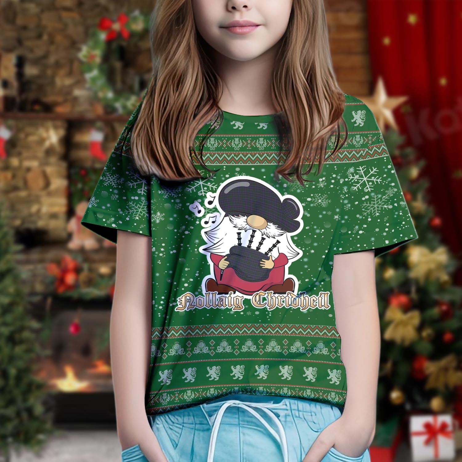 Pride (Wales) Clan Christmas Family T-Shirt with Funny Gnome Playing Bagpipes Kid's Shirt Green - Tartanvibesclothing