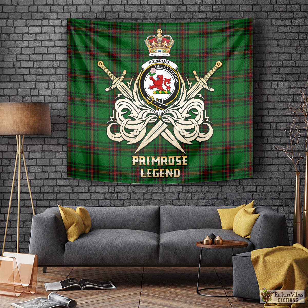 Tartan Vibes Clothing Primrose Tartan Tapestry with Clan Crest and the Golden Sword of Courageous Legacy