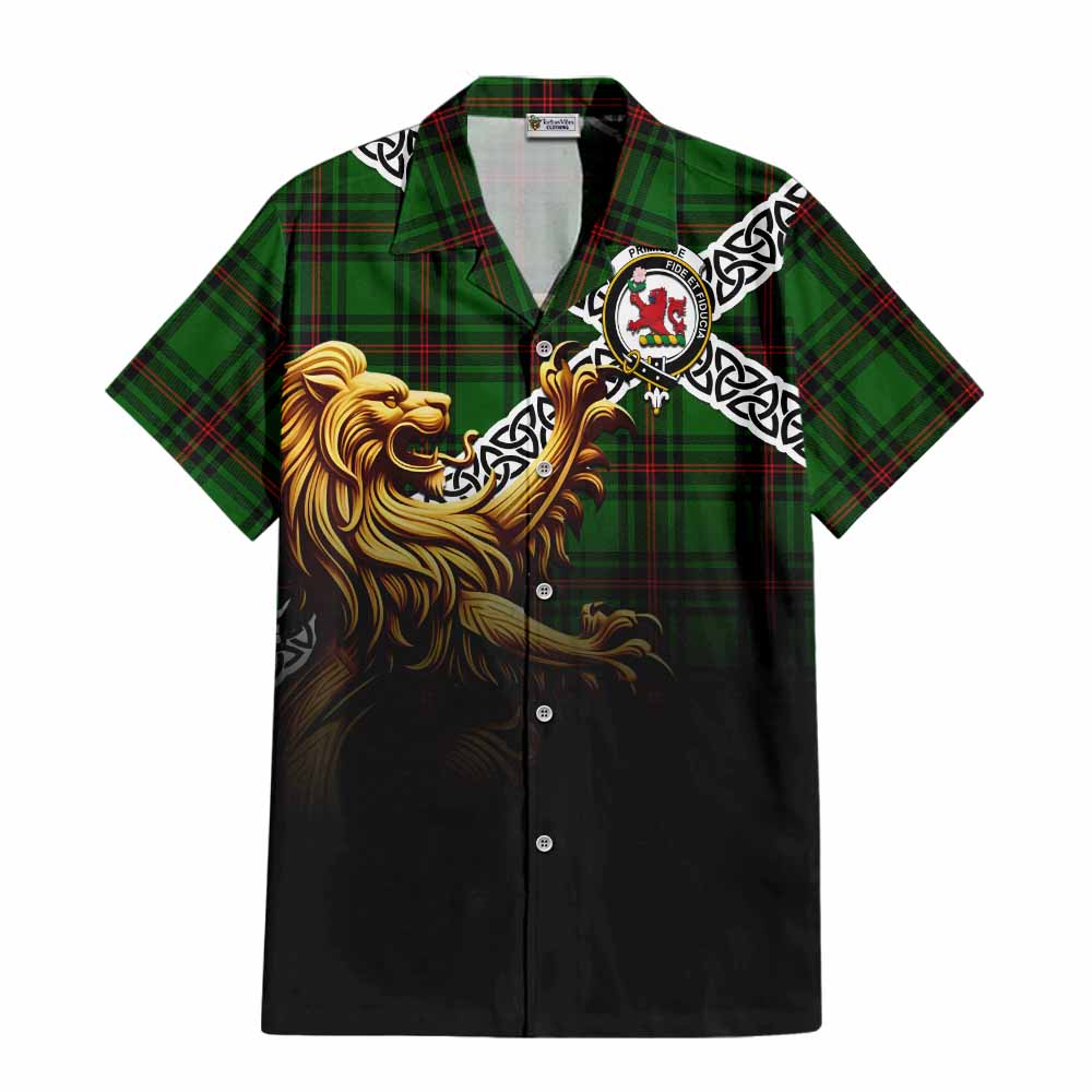 Tartan Vibes Clothing Primrose Crest Tartan Short Sleeve Button Shirt with Golden Lion Emblem Celtic Style