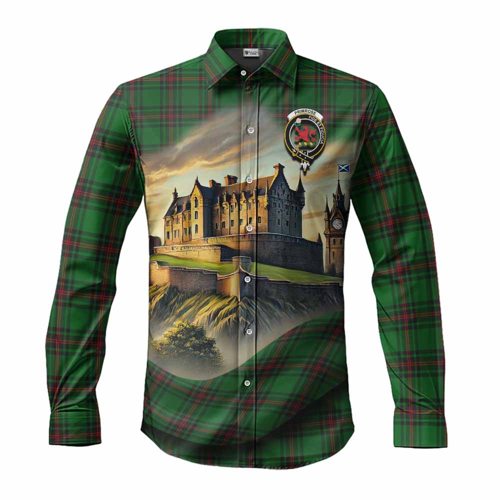 Tartan Vibes Clothing Primrose Tartan Family Crest Long Sleeve Button Shirt with Scottish Ancient Castle Style