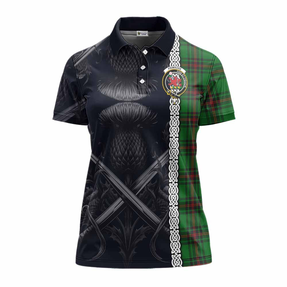 Tartan Vibes Clothing Primrose Tartan Women's Polo Shirt with Family Crest Cross Sword Thistle Celtic Vibes