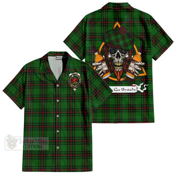 Tartan Vibes Clothing Primrose Tartan Short Sleeve Button Shirt with Family Crest and Bearded Skull Holding Bottles of Whiskey