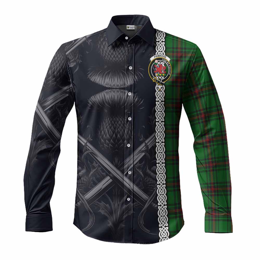 Tartan Vibes Clothing Primrose Tartan Long Sleeve Button Shirt with Family Crest Cross Sword Thistle Celtic Vibes