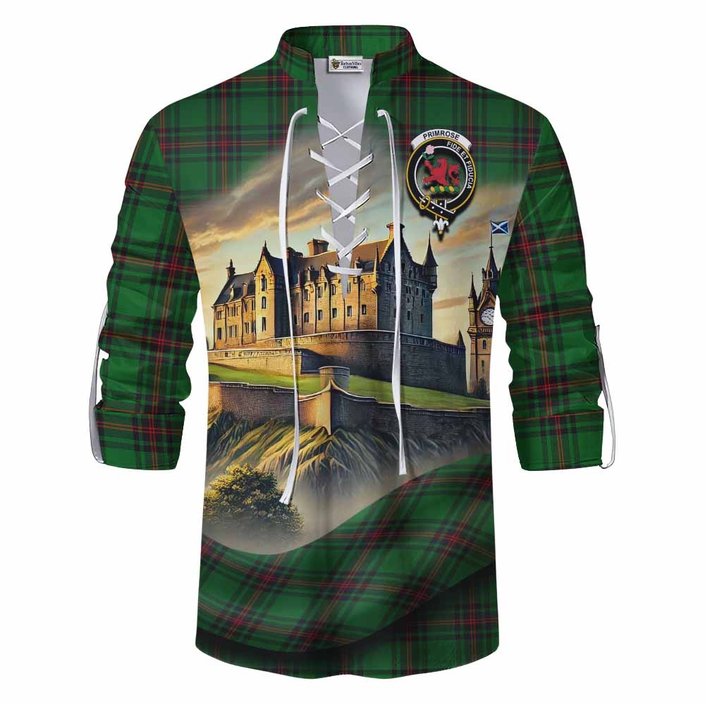Tartan Vibes Clothing Primrose Tartan Family Crest Ghillie Kilt Shirt with Scottish Ancient Castle Style