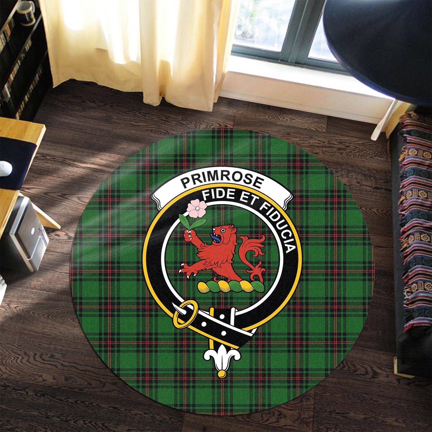 primrose-tartan-round-rug-with-family-crest