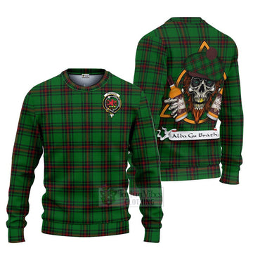 Tartan Vibes Clothing Primrose Tartan Knitted Sweater with Family Crest and Bearded Skull Holding Bottles of Whiskey