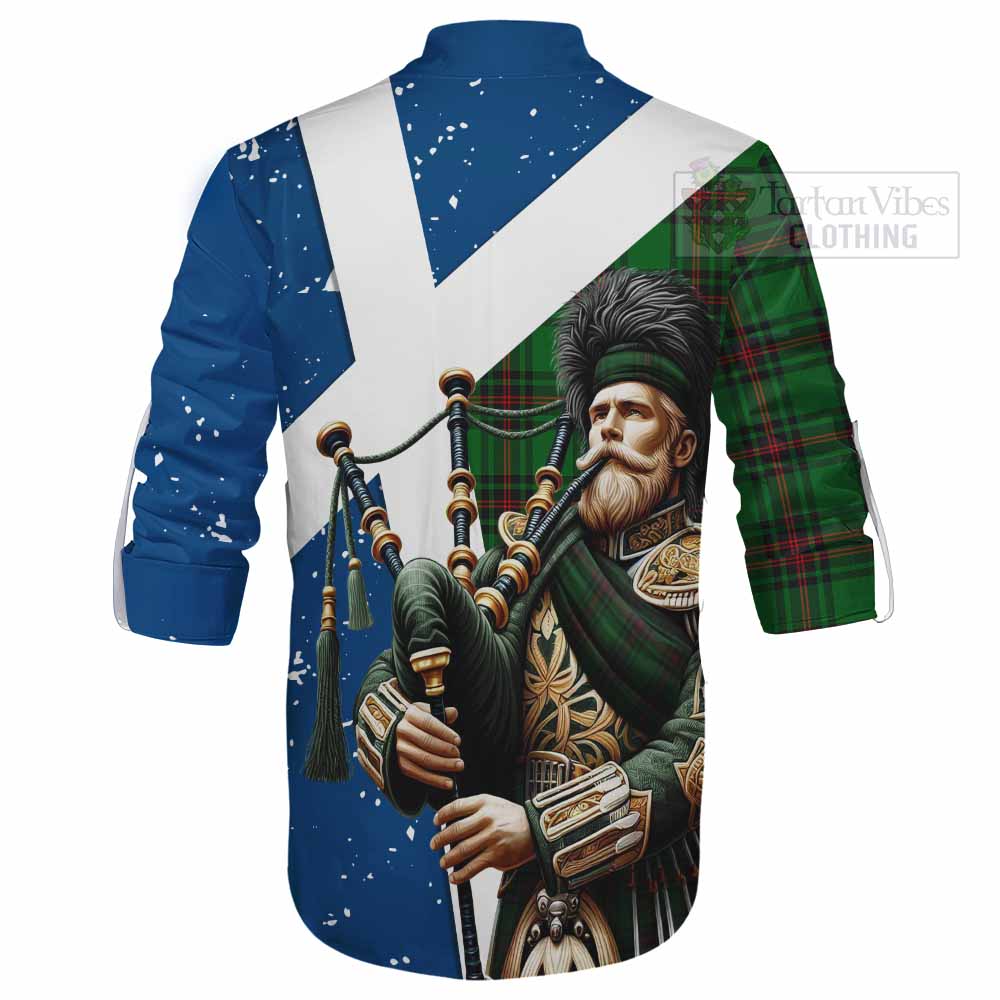 Tartan Vibes Clothing Primrose Tartan Ghillie Kilt Shirt with Family Crest Scottish Bagpiper Vibes