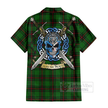 Tartan Vibes Clothing Primrose Tartan Short Sleeve Button Shirt with Family Crest Celtic Skull Style