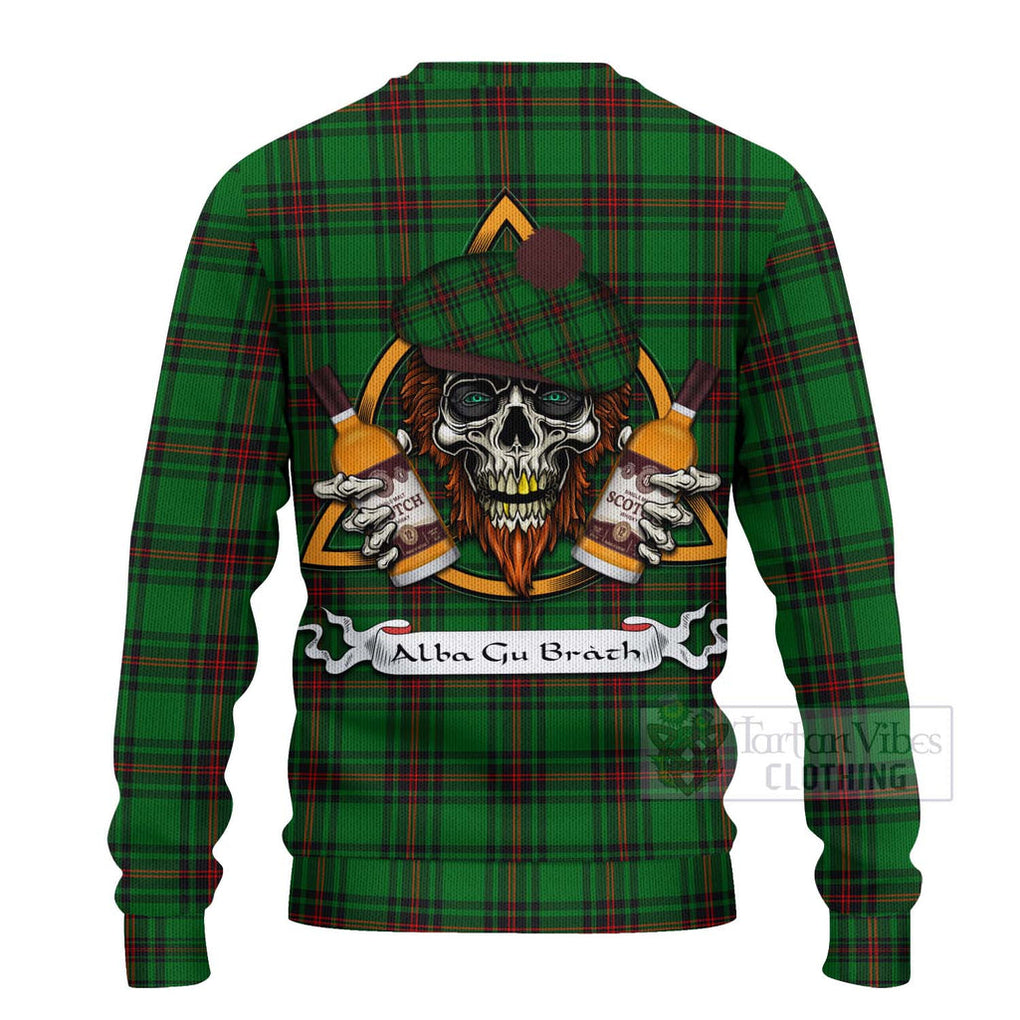 Tartan Vibes Clothing Primrose Tartan Knitted Sweater with Family Crest and Bearded Skull Holding Bottles of Whiskey