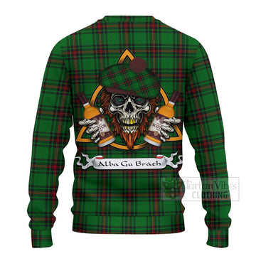 Tartan Vibes Clothing Primrose Tartan Knitted Sweater with Family Crest and Bearded Skull Holding Bottles of Whiskey