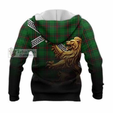 Primrose Crest Tartan Knitted Hoodie with Golden Lion Emblem Celtic Style