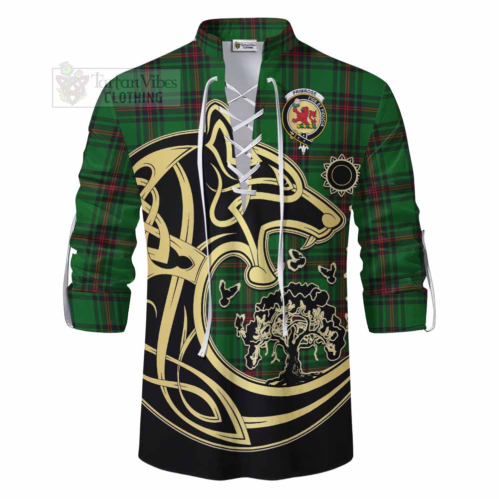 Tartan Vibes Clothing Primrose Tartan Ghillie Kilt Shirt with Family Crest Celtic Wolf Style