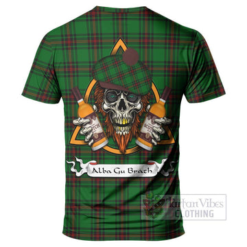 Tartan Vibes Clothing Primrose Tartan T-Shirt with Family Crest and Bearded Skull Holding Bottles of Whiskey