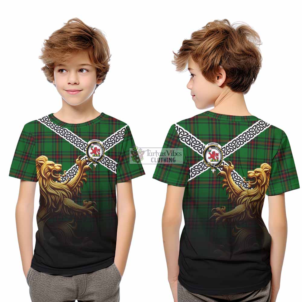 Tartan Vibes Clothing Primrose Crest Tartan Kid T-Shirt with Golden Lion Emblem Celtic Style