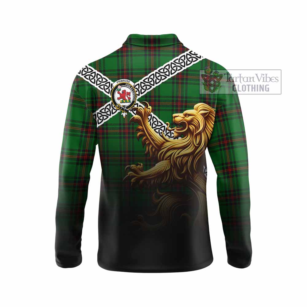 Tartan Vibes Clothing Primrose Crest Tartan Long Sleeve Polo Shirt with Golden Lion Emblem Celtic Style