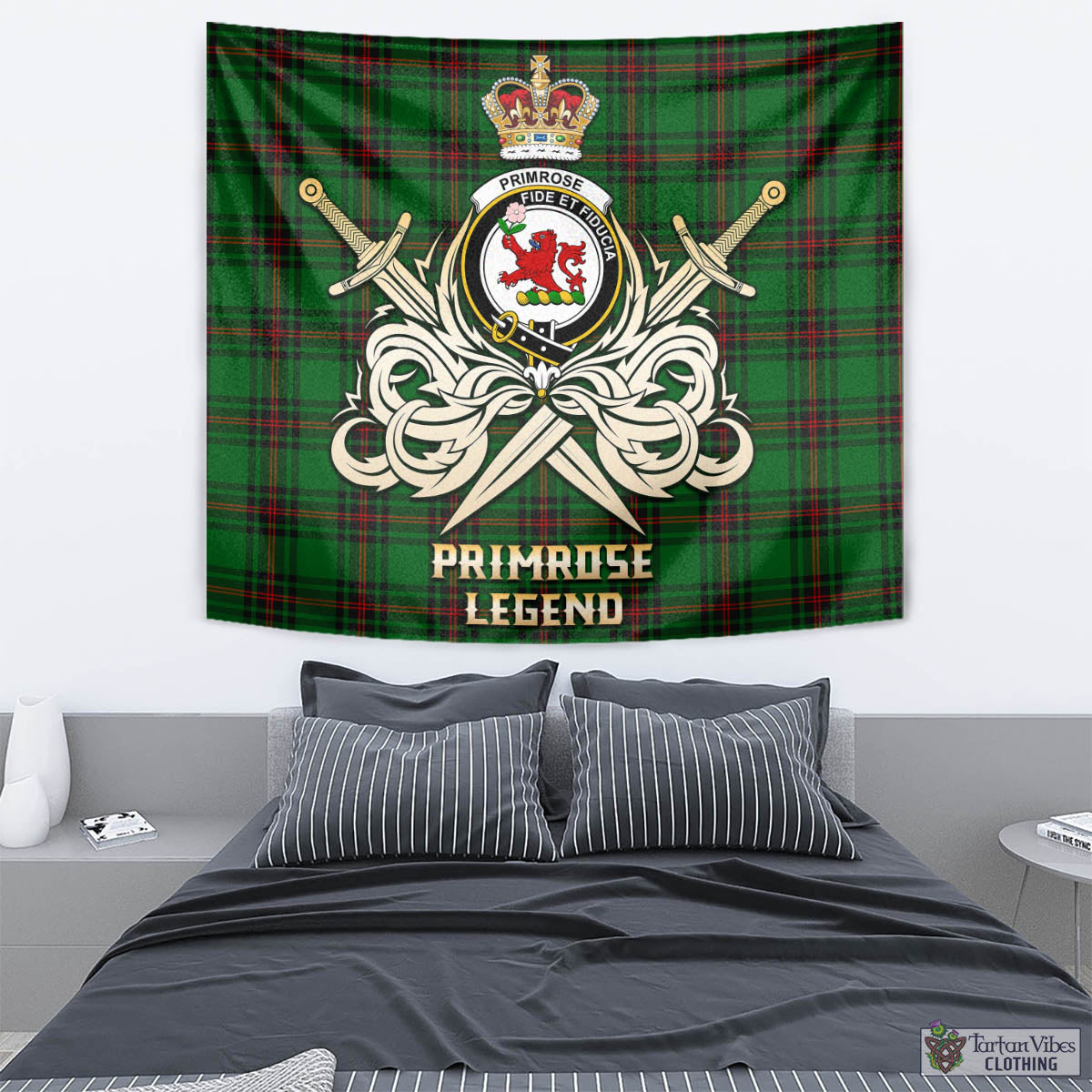 Tartan Vibes Clothing Primrose Tartan Tapestry with Clan Crest and the Golden Sword of Courageous Legacy