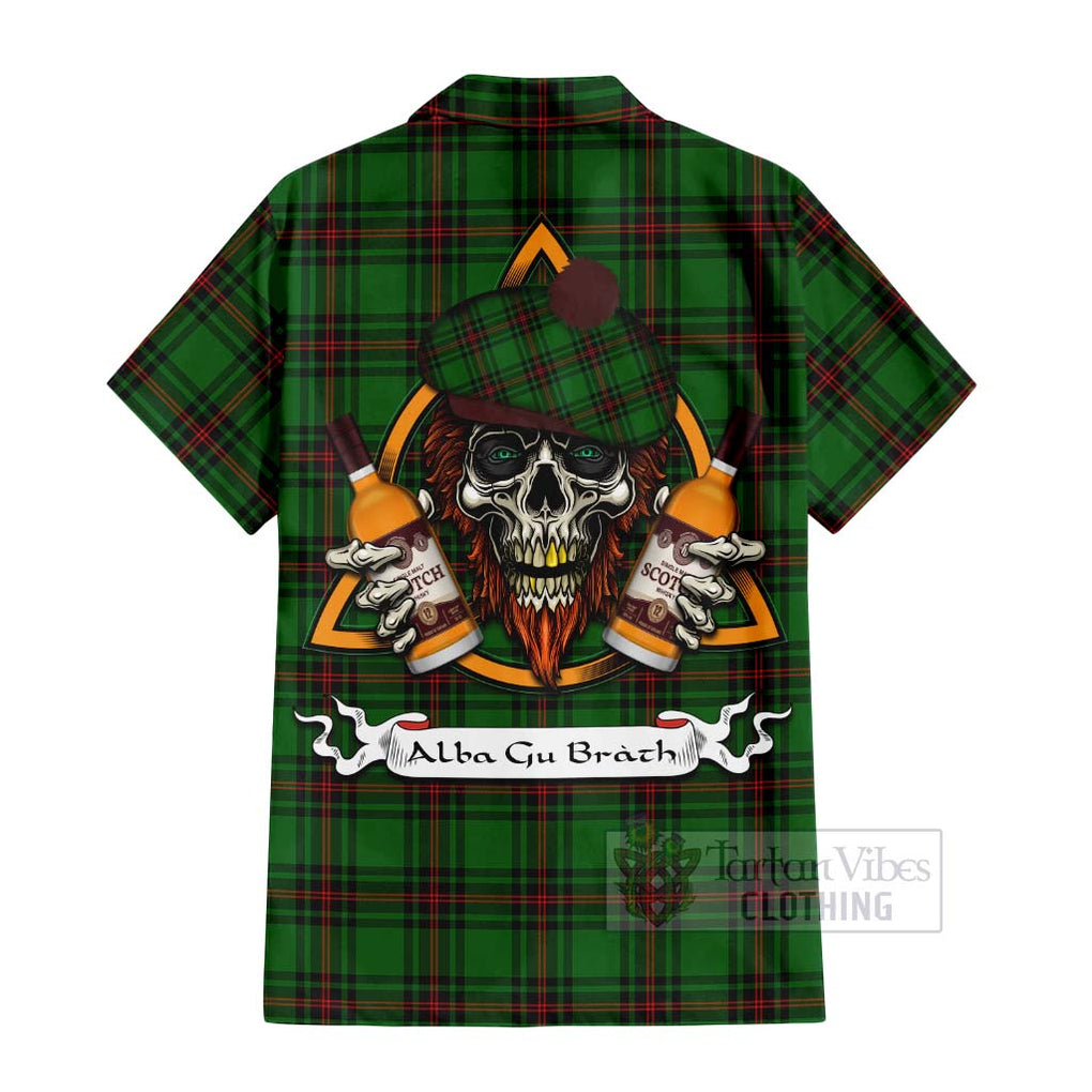 Tartan Vibes Clothing Primrose Tartan Short Sleeve Button Shirt with Family Crest and Bearded Skull Holding Bottles of Whiskey