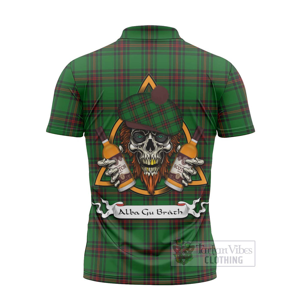 Tartan Vibes Clothing Primrose Tartan Zipper Polo Shirt with Family Crest and Bearded Skull Holding Bottles of Whiskey