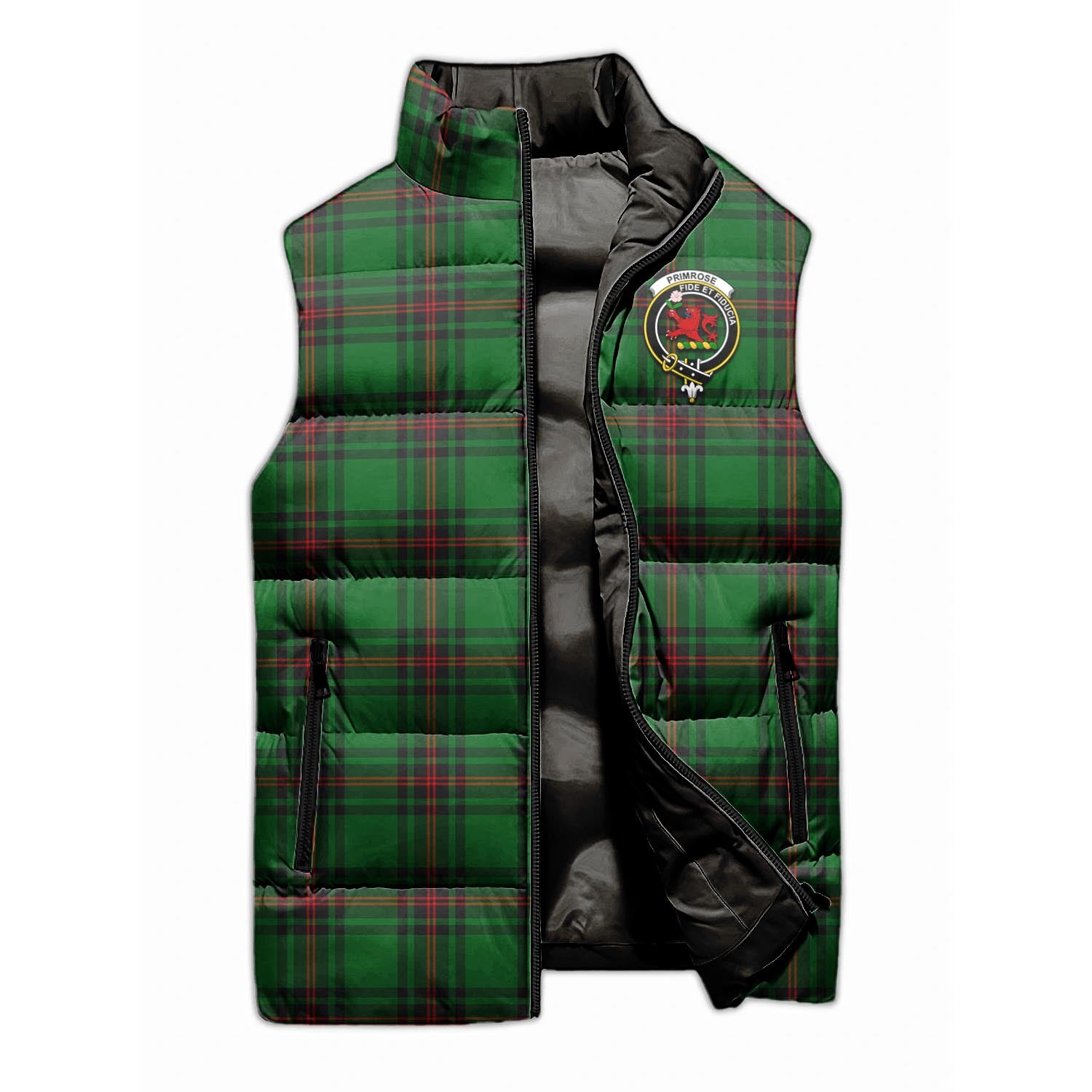 Primrose Tartan Sleeveless Puffer Jacket with Family Crest - Tartanvibesclothing