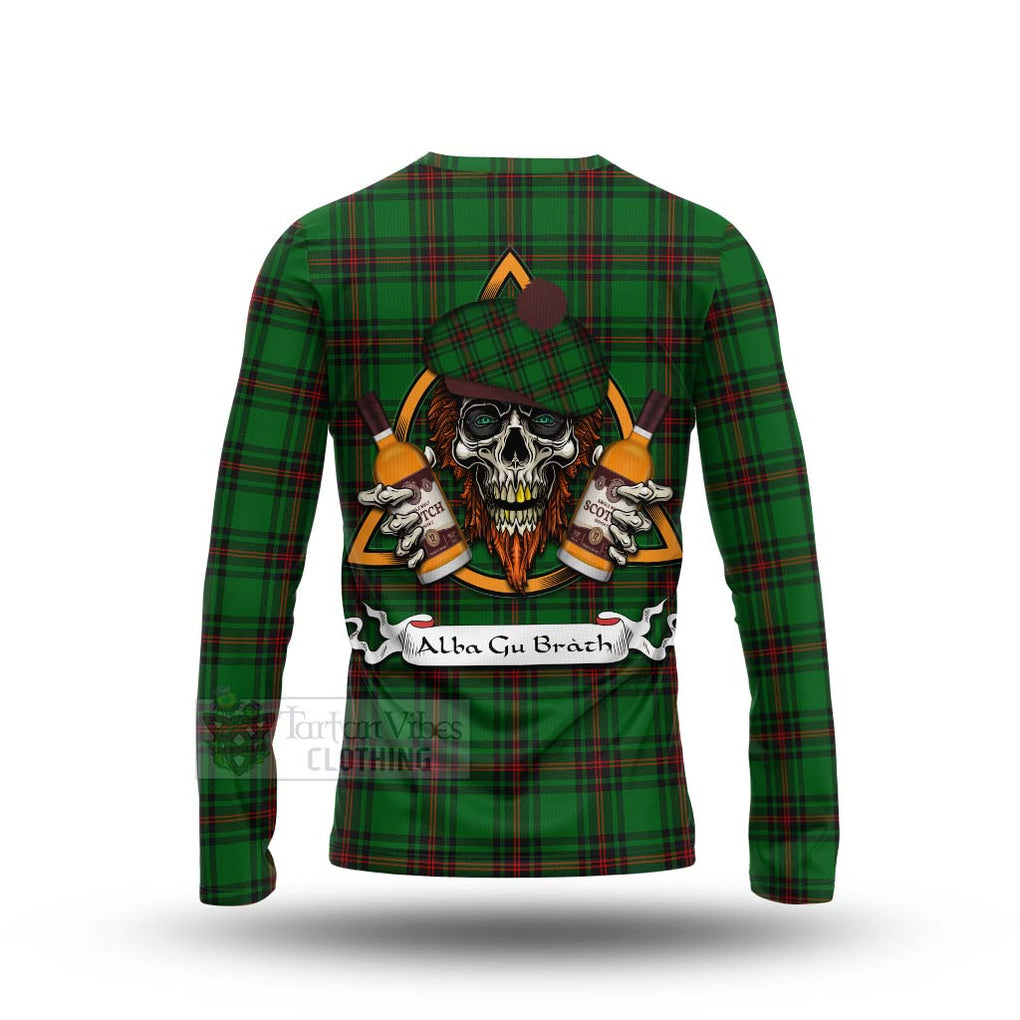 Tartan Vibes Clothing Primrose Tartan Long Sleeve T-Shirt with Family Crest and Bearded Skull Holding Bottles of Whiskey