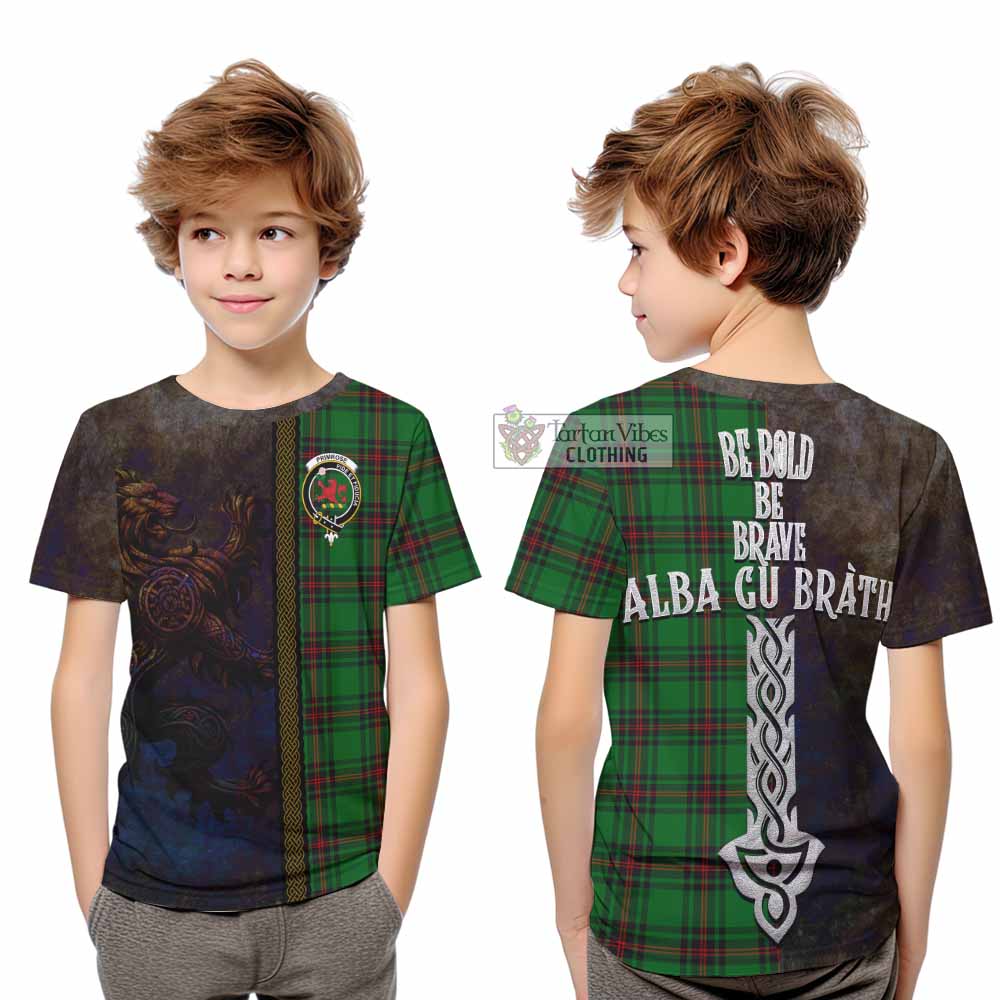 Tartan Vibes Clothing Primrose Tartan Family Crest Kid T-Shirt Alba Gu Brath Be Brave Lion Ancient Style