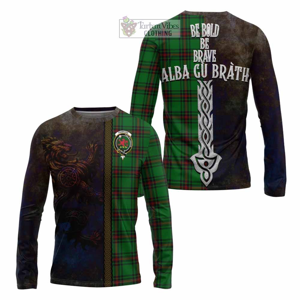 Tartan Vibes Clothing Primrose Tartan Family Crest Long Sleeve T-Shirt Alba Gu Brath Be Brave Lion Ancient Style