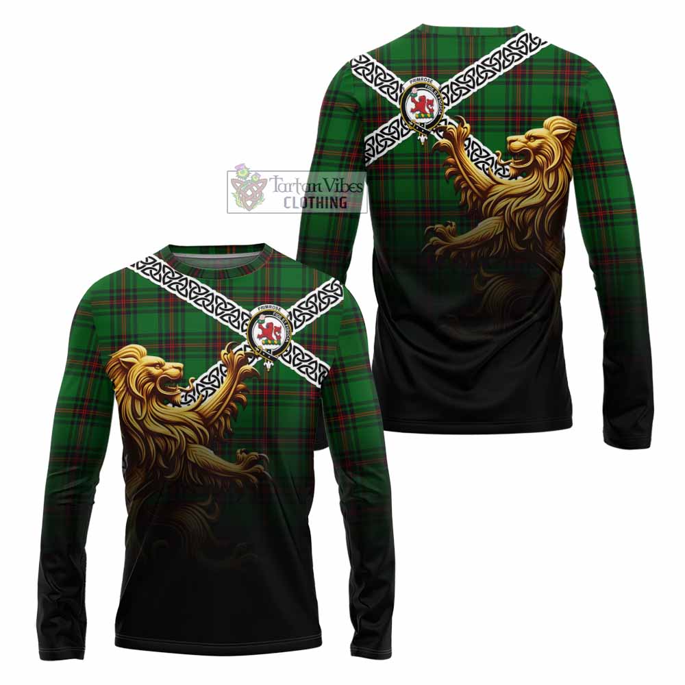 Tartan Vibes Clothing Primrose Crest Tartan Long Sleeve T-Shirt with Golden Lion Emblem Celtic Style