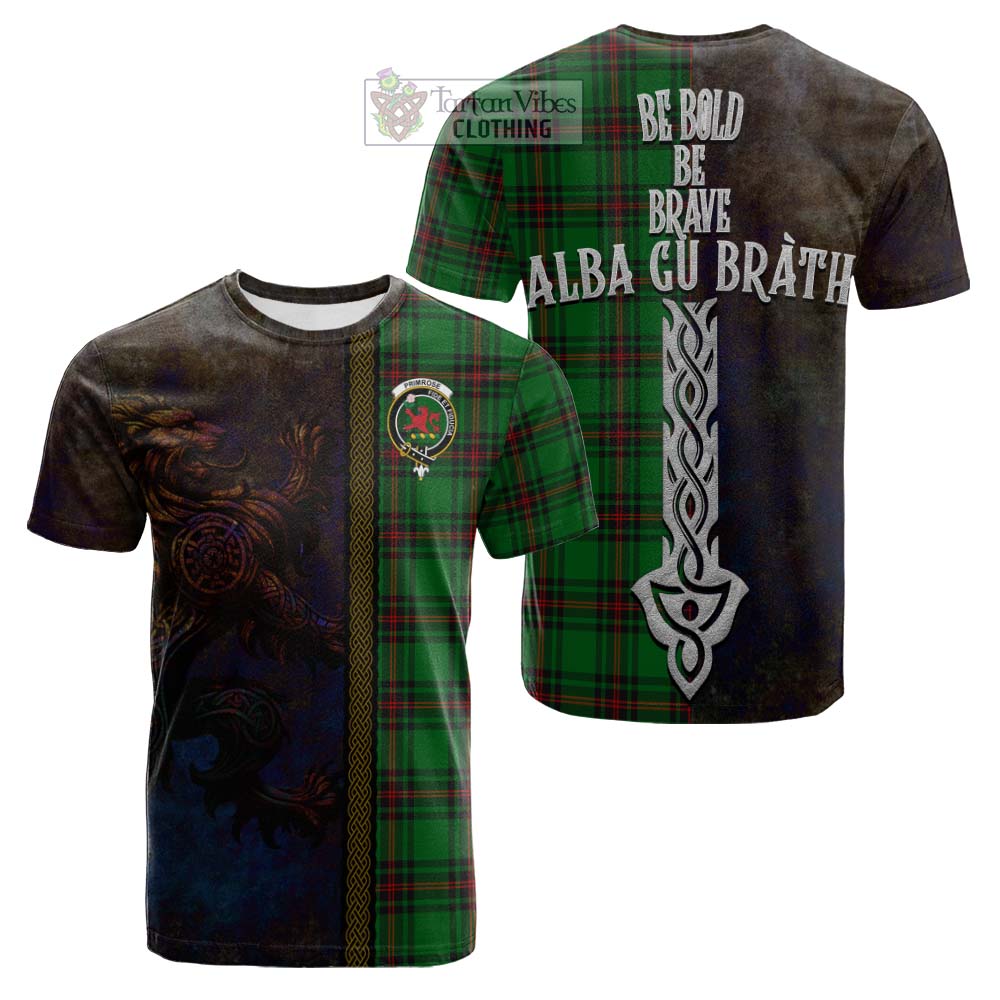 Tartan Vibes Clothing Primrose Tartan Family Crest Cotton T-shirt Alba Gu Brath Be Brave Lion Ancient Style