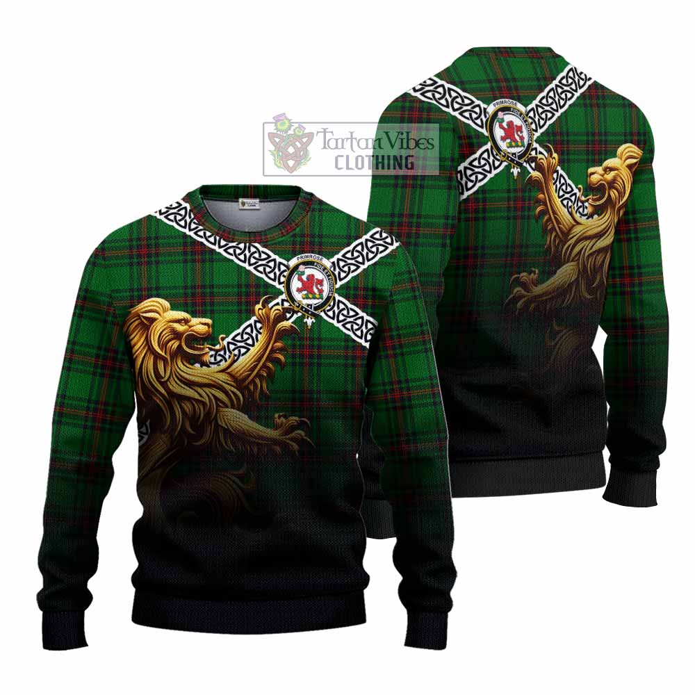 Tartan Vibes Clothing Primrose Crest Tartan Knitted Sweater with Golden Lion Emblem Celtic Style