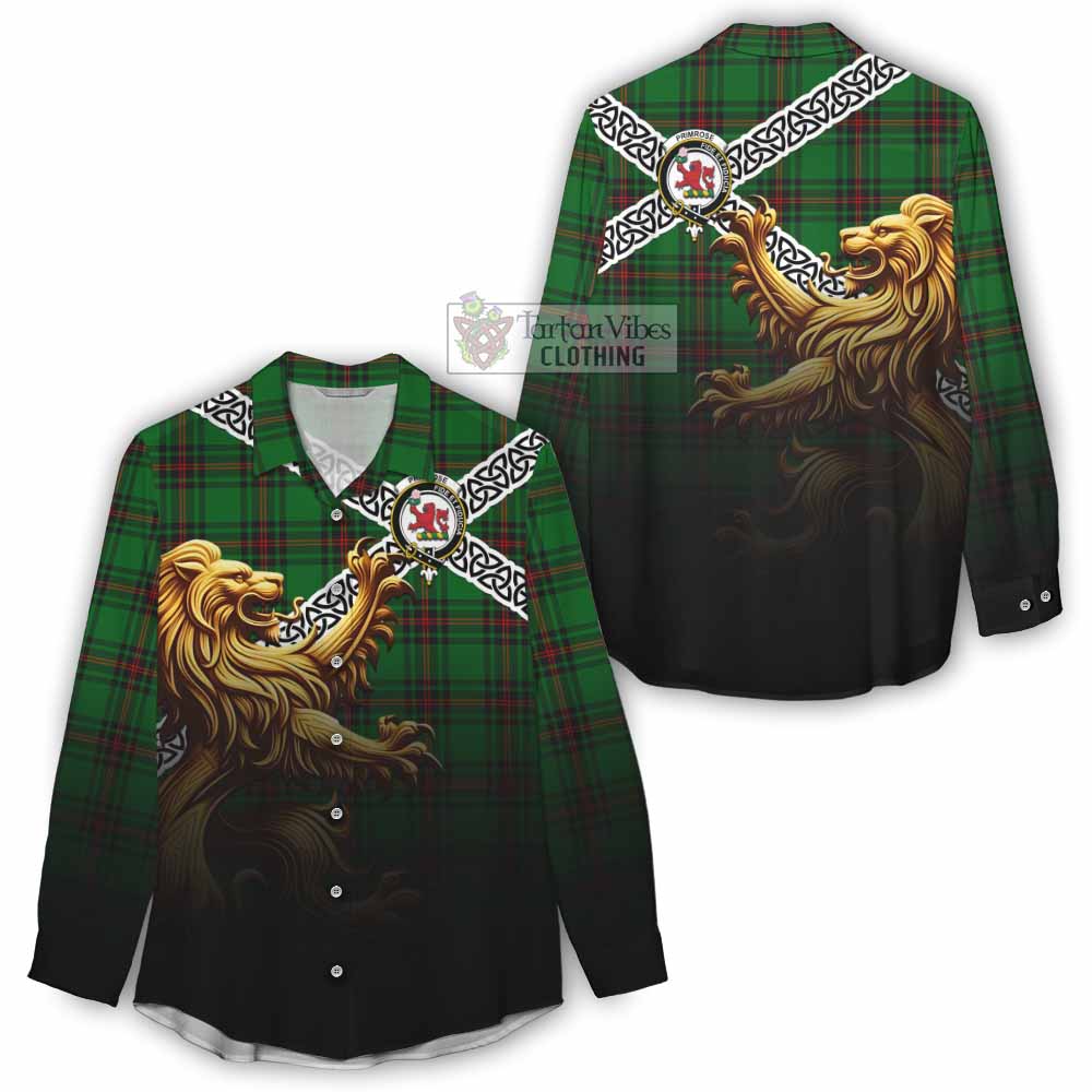 Tartan Vibes Clothing Primrose Crest Tartan Women's Casual Shirt with Golden Lion Emblem Celtic Style