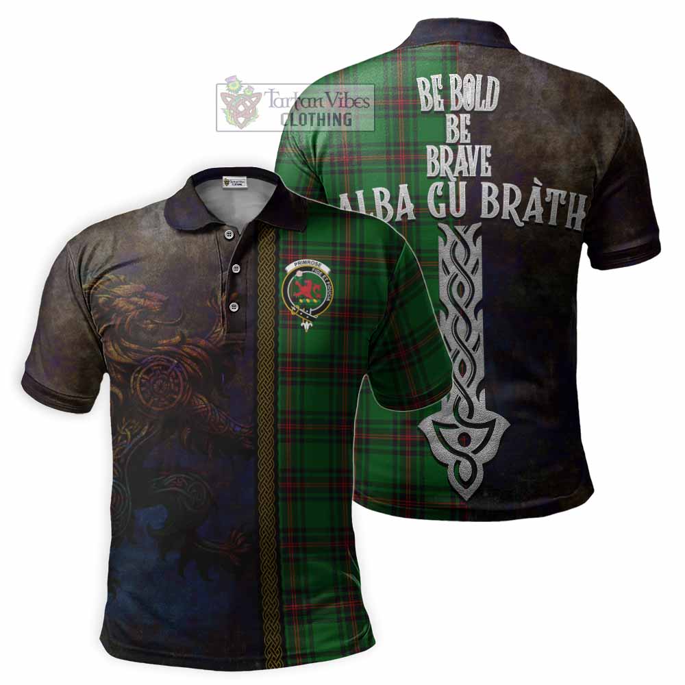 Tartan Vibes Clothing Primrose Tartan Family Crest Polo Shirt Alba Gu Brath Be Brave Lion Ancient Style