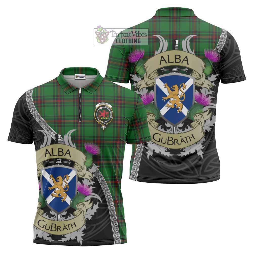 Tartan Vibes Clothing Primrose Tartan Family Crest Zipper Polo Shirt Lion Rampant Royal Thistle Shield Celtic Inspired
