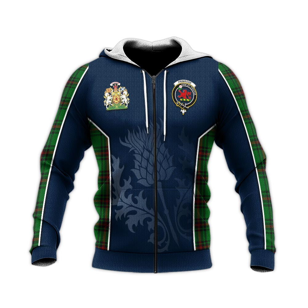 Tartan Vibes Clothing Primrose Tartan Knitted Hoodie with Family Crest and Scottish Thistle Vibes Sport Style