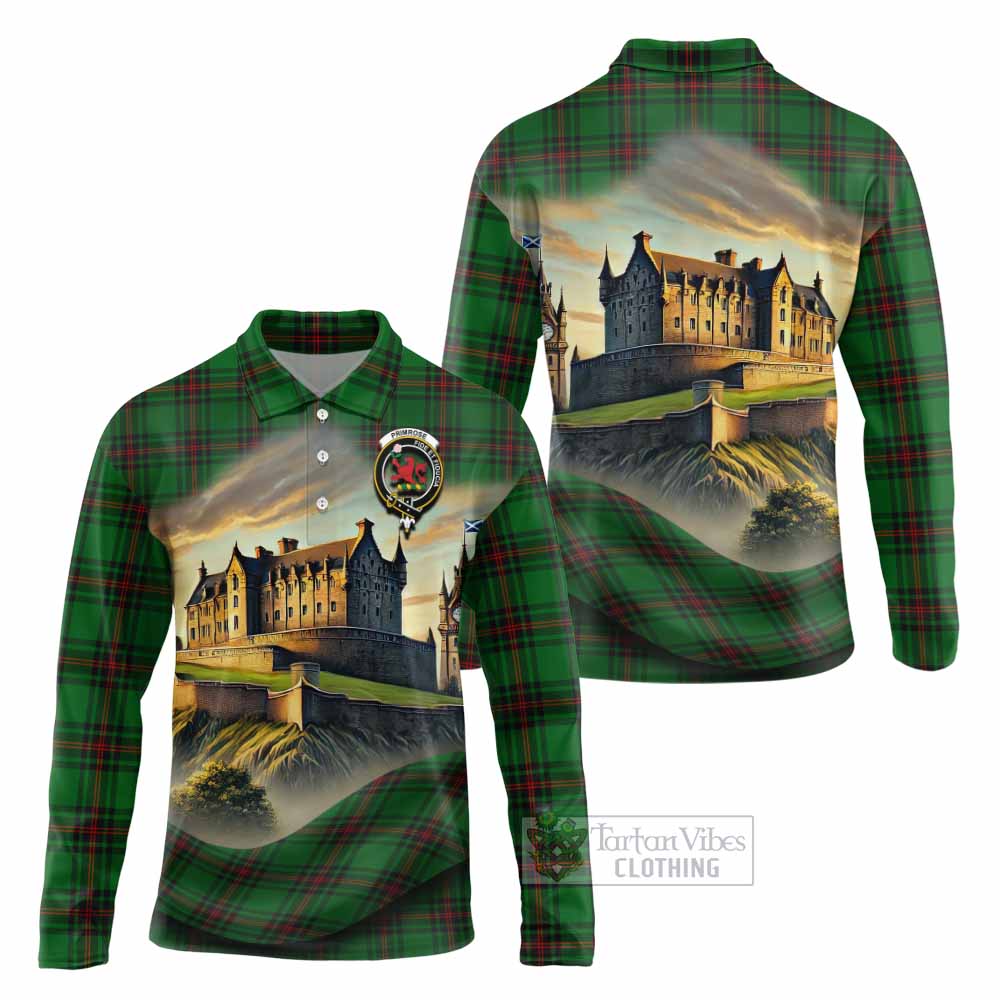 Tartan Vibes Clothing Primrose Tartan Family Crest Long Sleeve Polo Shirt with Scottish Ancient Castle Style