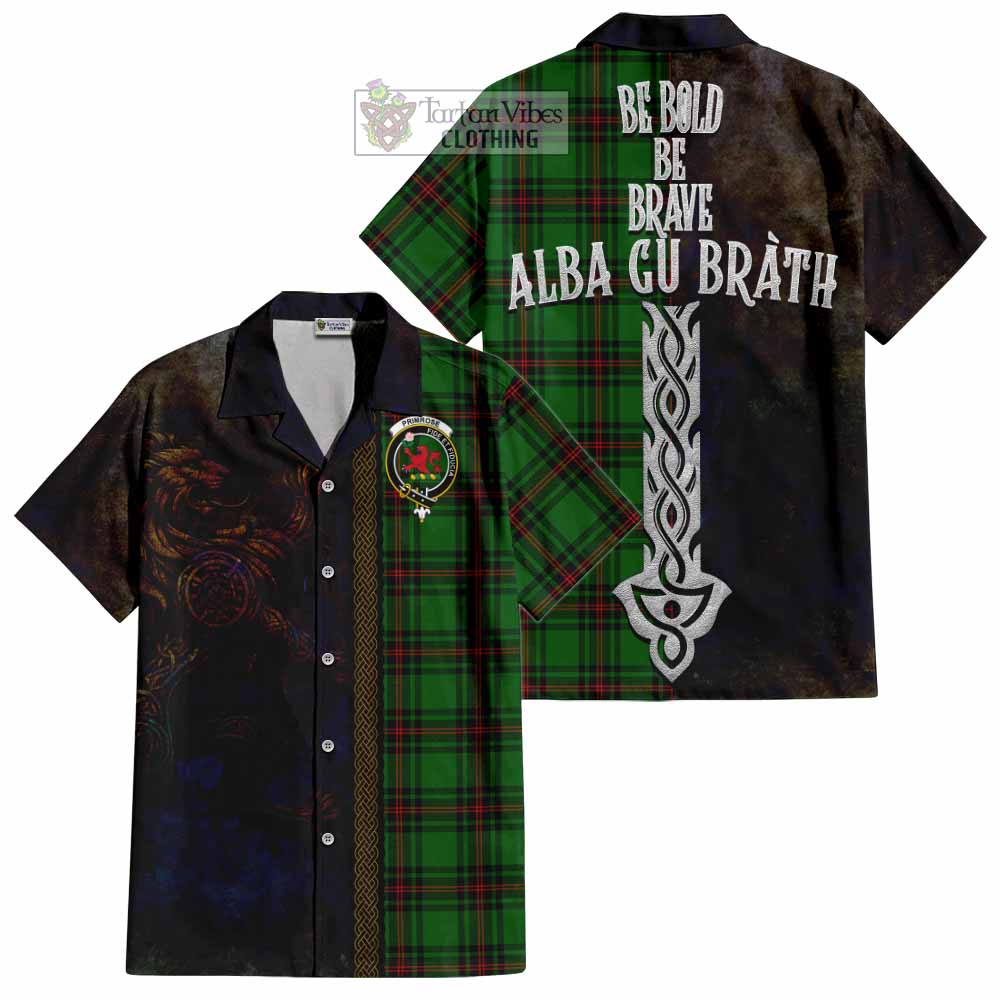 Tartan Vibes Clothing Primrose Tartan Family Crest Short Sleeve Button Shirt Alba Gu Brath Be Brave Lion Ancient Style
