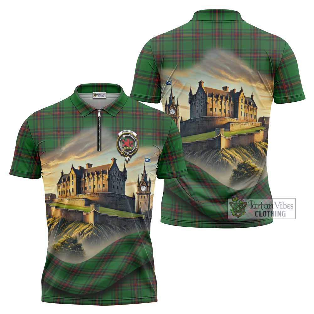 Tartan Vibes Clothing Primrose Tartan Family Crest Zipper Polo Shirt with Scottish Ancient Castle Stype