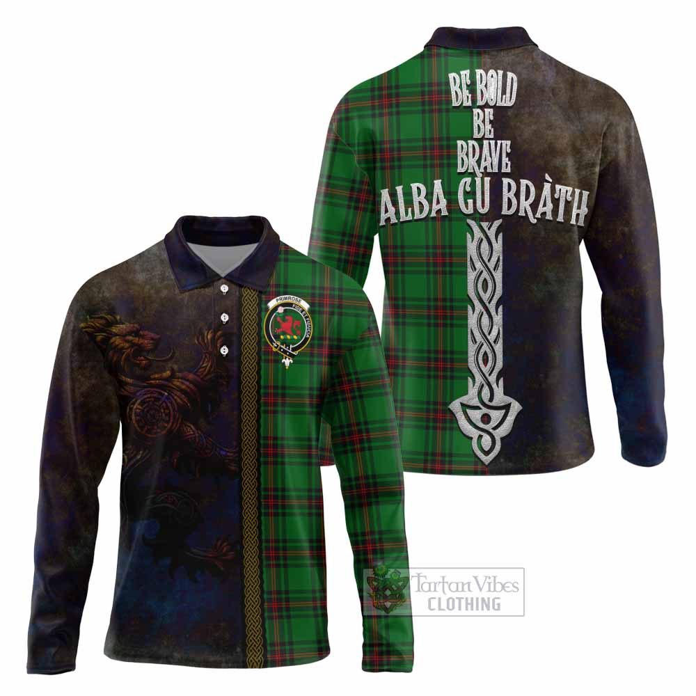 Tartan Vibes Clothing Primrose Tartan Family Crest Long Sleeve Polo Shirt Alba Gu Brath Be Brave Lion Ancient Style