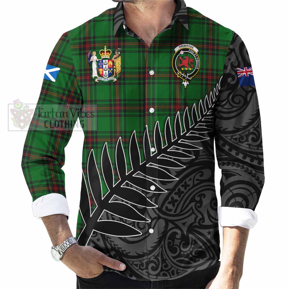 Tartan Vibes Clothing Primrose Crest Tartan Long Sleeve Button Shirt with New Zealand Silver Fern Half Style