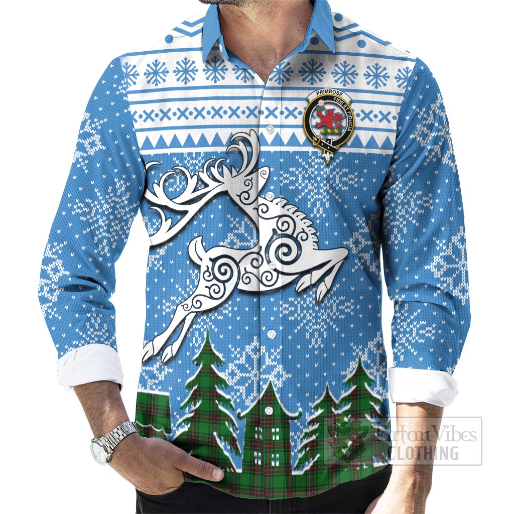 Tartan Vibes Clothing Primrose Clan Christmas Long Sleeve Button Shirt Celtic Reindeer Style