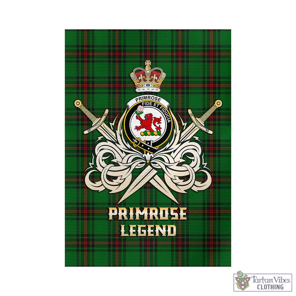 Tartan Vibes Clothing Primrose Tartan Flag with Clan Crest and the Golden Sword of Courageous Legacy